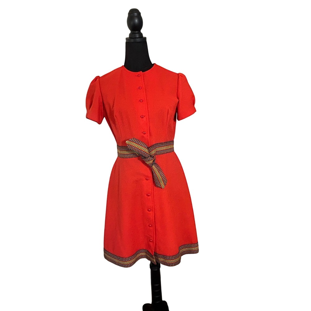 Red Short-Sleeve Mini Dress with Decorative Belt